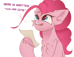 Size: 4500x3500 | Tagged: safe, artist:ponyangle, pinkie pie, earth pony, pony, g4, chest fluff, female, fluffy, happy, mare, open mouth, solo, text, unshorn fetlocks