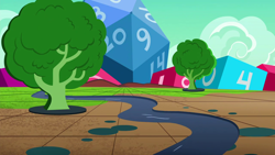 Size: 1280x720 | Tagged: safe, screencap, dungeons and discords, g4, season 6, background, cloud, dice, dungeons and dragons, no pony, ogres and oubliettes, puddle, river, scenic ponyville, spiketopia, tree