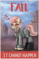 Size: 2000x3000 | Tagged: safe, artist:menalia, oc, oc only, oc:violencia, pony, unicorn, boots, city, clothes, cloud, communism, female, hammer and sickle, high res, horn, magic, magic aura, mare, pants, poster, shirt, shoes, solo, soviet union, suit, text