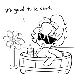 Size: 3000x3000 | Tagged: safe, artist:tjpones, oc, oc only, oc:brownie bun, earth pony, pony, black and white, drink, fan, female, grayscale, high res, hot, mare, monochrome, simple background, solo, summer, sunglasses, tub, water, white background