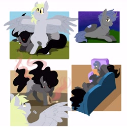Size: 9999x9999 | Tagged: safe, artist:sandieapple, derpy hooves, king sombra, oc, oc:blue moon, pegasus, pony, unicorn, g4, absurd resolution, broken horn, couch, derpbra, father and child, father and daughter, female, filly, horn, lying down, male, mare, offspring, parent:derpy hooves, parent:king sombra, parents:derpbra, shipping, stallion, straight