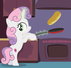 Size: 6360x6134 | Tagged: safe, artist:starcollider, sweetie belle, pony, unicorn, g4, absurd resolution, atg 2021, bipedal, bipedal leaning, butt, cooking, cute, diasweetes, female, filly, food, kitchen, leaning, looking back, magic, magic aura, newbie artist training grounds, pan, pancakes, plot, show accurate, smiling, solo, sweetie belle's magic brings a great big smile, sweetie butt, telekinesis, the cmc's cutie marks, vector
