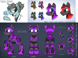 Size: 4000x3000 | Tagged: safe, artist:selenophile, oc, oc only, oc:savvy sparks, original species, pony, robot, robot pony, al-i, butt, clothes, ear piercing, earring, female, glasses, jewelry, lab coat, lidded eyes, looking at you, mare, open mouth, piercing, plot, reference sheet, smiling, technology