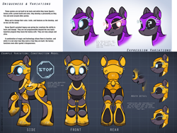 Size: 4000x3000 | Tagged: safe, artist:selenophile, oc, oc only, original species, pony, robot, robot pony, al-i, angry, butt, female, hologram, looking at you, mare, open mouth, plot, question mark, reference sheet, smiling, technology