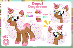 Size: 1200x798 | Tagged: safe, artist:jennieoo, oc, oc only, oc:donut daydream, pony, unicorn, cute, donut, female, food, happy, mare, reference sheet, scrunchy face, show accurate, smiling, solo, sprinkles, tongue out, vector