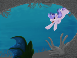 Size: 780x584 | Tagged: safe, artist:hinami, sea swirl, seafoam, pony, unicorn, g4, coral, crepuscular rays, female, flowing mane, horn, ocean, open mouth, open smile, purple eyes, redraw, seaweed, smiling, solo, swimming, underwater, water