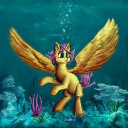 Size: 2000x2000 | Tagged: safe, artist:kingsleyrulz, fluttershy, pegasus, pony, g4, bubble, coral, crepuscular rays, feather, female, flowing tail, green eyes, high res, ocean, pink mane, seaweed, solo, spread wings, underwater, wings