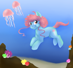 Size: 1500x1391 | Tagged: safe, artist:mangojax, oc, oc only, earth pony, jellyfish, pony, contest, crepuscular rays, flower, holding breath, ocean, orange eyes, signature, solo, sunlight, underwater, water