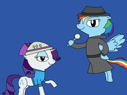 Size: 1700x1275 | Tagged: safe, artist:blazewing, rainbow dash, rarity, pegasus, pony, unicorn, g4, atg 2021, bow, clothes, colored background, detective, diamonds, drawpile, explorer, fedora, female, flying, hat, hoof on hip, magnifying glass, mare, newbie artist training grounds, pith helmet, raised hoof, shirt, smiling, trenchcoat