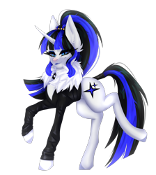 Size: 3864x4320 | Tagged: safe, artist:elektra-gertly, oc, oc only, oc:coldlight bluestar, pony, unicorn, absurd resolution, bedroom eyes, clothes, collar, cutie mark, eyeshadow, female, horn, jacket, jewelry, leather, leather jacket, lipstick, looking at you, makeup, mare, ponytail, pose, posing for photo, simple background, smiling, smiling at you, solo, tail wrap, tiara, transparent background, unicorn oc, walking
