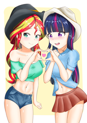 Size: 2480x3508 | Tagged: safe, artist:zoxriver503, sunset shimmer, twilight sparkle, human, equestria girls, g4, :3, abstract background, anime style, bare shoulders, belly button, blushing, clothes, cowboy hat, cowgirl outfit, duo, duo female, eye clipping through hair, eyebrows, eyebrows visible through hair, female, hat, heart, heart hands, high res, human coloration, lesbian, midriff, passepartout, schrödinger's pantsu, ship:sunsetsparkle, shipping, shirt, short shirt, shorts, signature, skirt, teeth