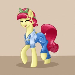 Size: 2048x2048 | Tagged: safe, artist:turtletroutstudios, torque wrench, earth pony, pony, g4, rainbow roadtrip, atorqueable, cute, eyes closed, female, high res, mare, open mouth, open smile, raised hoof, smiling, solo, standing on two hooves