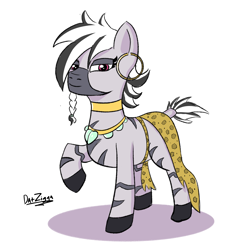 Size: 2886x2877 | Tagged: safe, artist:datzigga, oc, oc only, oc:mahaba, pony, zebra, braid, choker, clothes, ear piercing, earring, femboy, high res, jewelry, lidded eyes, looking at you, male, necklace, piercing, signature, simple background, smiling, solo, stallion, white background, zebra oc