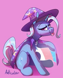 Size: 1134x1388 | Tagged: safe, artist:anticular, trixie, pony, unicorn, g4, cape, clothes, cute, cutie mark, diatrixes, eyelashes, female, hat, horn, mare, pride, pride flag, sitting, solo, tail, tongue out, trans female, trans trixie, transgender, transgender pride flag, trixie's cape, trixie's hat
