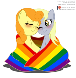 Size: 2583x2659 | Tagged: safe, artist:niban-destikim, carrot top, derpy hooves, golden harvest, earth pony, pegasus, pony, g4, couple, female, gay pride, gay pride flag, high res, lesbian, no source, patreon, patreon logo, patreon reward, pride, pride flag, pride month, rainbow flag, ship:derpytop, shipping, simple background, transparent background