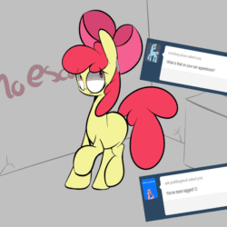 Size: 950x950 | Tagged: safe, artist:turtlefarminguy, apple bloom, earth pony, pony, derpibooru, g4, animated, female, filly, gray background, looking up, meta, nervous, scared, simple background, solo, tags, tumblr