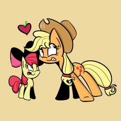 Size: 1280x1280 | Tagged: safe, artist:turtlefarminguy, apple bloom, applejack, earth pony, pony, g4, duo, female, filly, heart, mare, siblings, simple background, sisters, yellow background