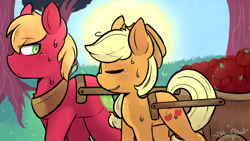 Size: 1280x720 | Tagged: safe, artist:urbanqhoul, applejack, big macintosh, earth pony, pony, fanfic:an apple sleep experiment, g4, apple, applecest, brother and sister, cart, female, food, male, siblings, sweat