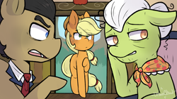 Size: 1280x720 | Tagged: safe, artist:urbanqhoul, applejack, filthy rich, granny smith, earth pony, pony, fanfic:an apple sleep experiment, g4, female, male, mare, stallion, sweat, sweatdrop