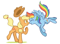 Size: 480x349 | Tagged: safe, artist:fizpup, applejack, rainbow dash, earth pony, pegasus, pony, g4, best friends, female, flying, lesbian, mare, open mouth, ship:appledash, shipping, smiling, spread wings, wings