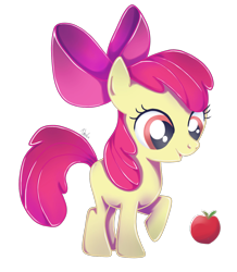 Size: 1280x1471 | Tagged: safe, artist:nnaly, apple bloom, earth pony, pony, g4, adorabloom, apple, cute, female, filly, food, raised hoof, simple background, solo, transparent background