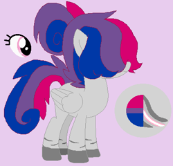 Size: 432x415 | Tagged: safe, artist:somecoconut, oc, oc only, oc:partly pink, pegasus, pony, bisexual pride flag, colored hooves, eyelashes, female, hair over eyes, mare, pegasus oc, pride, pride flag, pridesona, purple background, reference sheet, simple background, wings
