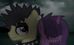 Size: 545x333 | Tagged: safe, artist:somecoconut, oc, oc only, oc:blackberry abyss, oc:elusive branch, pony, unicorn, bust, choker, cloud, duo, ear piercing, earring, female, goth, horn, jewelry, magical lesbian spawn, makeup, male, mare, offspring, outdoors, parent:tempest shadow, parent:tree hugger, parent:twilight sparkle, parent:zephyr breeze, parents:tempestlight, parents:zephyrhugger, piercing, spiked choker, stallion, unicorn oc