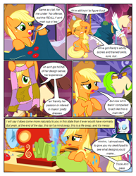 Size: 612x792 | Tagged: safe, artist:newbiespud, edit, edited screencap, screencap, applejack, rarity, earth pony, pony, unicorn, comic:friendship is dragons, g4, magical mystery cure, bipedal, clothes, comic, dialogue, eyes closed, freckles, gritted teeth, hat, horn, indoors, mannequin, open mouth, screencap comic, sewing machine, singing, sitting, swapped cutie marks, teeth, tired, torn clothes, what my cutie mark is telling me, wig