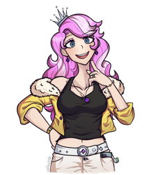 Size: 1280x1366 | Tagged: safe, artist:wiloptik, diamond tiara, human, belly button, breasts, cellphone, cleavage, clothes, danganronpa, female, humanized, jewelry, looking at you, midriff, older, older diamond tiara, phone, ring, simple background, skirt, smiling, style emulation, transparent background, watch