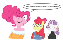 Size: 1500x1000 | Tagged: safe, artist:velgarn, apple bloom, pinkie pie, sweetie belle, earth pony, unicorn, anthro, g4, bowtie, clothes, colored version, dress, ear piercing, earring, female, implied cheesepie, implied sex, implied shipping, implied straight, jewelry, mare, older, older apple bloom, older pinkie pie, older sweetie belle, piercing, shocked, shocked expression, simple background, sweater, too much information