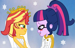 Size: 953x618 | Tagged: safe, artist:jadeharmony, sci-twi, sunset shimmer, twilight sparkle, fanfic:sunset shimmer discovers her feet, equestria girls, clothes, crossover, crown, dress, fanfic, fanfic art, female, happy, happy ending, jewelry, lesbian, looking at each other, marriage, married couple, open mouth, open smile, regalia, scitwishimmer, shipping, smiling, smiling at each other, stars, sunsetsparkle, the little mermaid, wedding, wedding dress