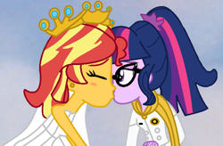 Size: 722x474 | Tagged: safe, artist:jadeharmony, sci-twi, sunset shimmer, twilight sparkle, fanfic:sunset shimmer discovers her feet, equestria girls, clothes, crossover, crown, dress, fanfic, fanfic art, female, gradient background, happy, happy ending, jewelry, kissing, lesbian, marriage, married couple, regalia, scitwishimmer, shipping, stars, sunsetsparkle, the little mermaid, wedding, wedding dress