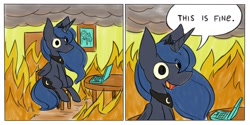 Size: 2000x1000 | Tagged: safe, artist:zemlya, princess luna, alicorn, pony, g4, comic, computer, crown, dialogue, female, fire, jewelry, laptop computer, mare, meme, open mouth, peytral, picture, regalia, sitting, smiling, smoke, solo, speech bubble, table, this is fine