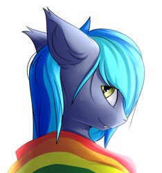 Size: 1500x1600 | Tagged: safe, artist:snowstormbat, oc, oc only, oc:midnight snowstorm, bat pony, pony, ear fluff, fangs, floppy ears, gay pride flag, looking at you, looking back, looking back at you, male, pride, pride flag, pride month, rainbow flag, simple background, smiling, solo, stallion, white background