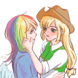 Size: 2000x2000 | Tagged: safe, artist:ycx23, applejack, rainbow dash, human, equestria girls, g4, comforting, crying, female, high res, humanized, lesbian, ship:appledash, shipping, translated in the comments, winged humanization, wings