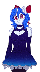 Size: 1435x2573 | Tagged: safe, artist:gempainter32, derpibooru exclusive, oc, oc only, oc:diamond nella, unicorn, anthro, adorasexy, anthro oc, arm warmers, blue dress, blue hair, blue mane, boob window, bow, breasts, choker, cleavage, clothes, colored, cute, dress, ear fluff, eye clipping through hair, female, flat colors, garter belt, garters, hair bow, happy, heart shaped boob window, legs together, looking at you, magenta eyes, mare, sexy, shooting star, shoulder fluff, simple background, skindentation, skirt, socks, solo, stars, thigh highs, white background, zettai ryouiki