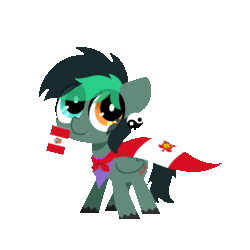 Size: 1000x1000 | Tagged: safe, artist:sugar morning, oc, oc only, oc:target strike, pegasus, pony, animated, bandana, cape, clothes, ear piercing, earring, flag, gif, heterochromia, holding, holding a flag, jewelry, male, mouth hold, pegasus oc, peru, piercing, simple background, solo, stallion, transparent background