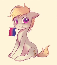 Size: 2140x2438 | Tagged: safe, artist:imalou, oc, oc only, oc:cookie malou, earth pony, pony, bisexual pride flag, female, high res, holding a flag, looking at you, mare, mouth hold, pale belly, pride, pride flag, simple background, sitting, solo