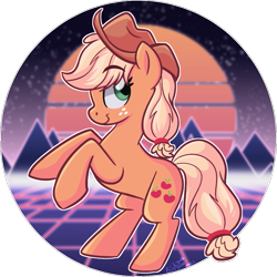 Size: 959x959 | Tagged: safe, artist:binkyt11, applejack, earth pony, pony, g4, atg 2021, female, freckles, hair tie, mare, newbie artist training grounds, profile, rearing, solo, synthwave