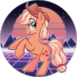 Size: 959x959 | Tagged: safe, artist:binkyt11, applejack, earth pony, pony, atg 2021, female, freckles, hair tie, mare, newbie artist training grounds, profile, rearing, solo, synthwave