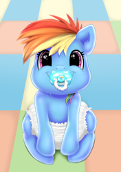 Size: 2000x2835 | Tagged: safe, artist:brightroom, rainbow dash, pegasus, pony, g4, adoracreepy, baby, baby dash, creepy, cute, diaper, female, filly, filly rainbow dash, high res, infant, looking at you, pacifier, smiling, smiling at you, solo, staring into your soul, ych example, younger, your character here