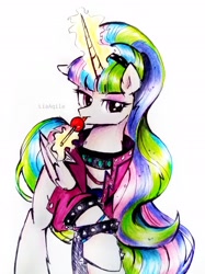 Size: 2567x3425 | Tagged: safe, artist:liaaqila, princess celestia, alicorn, pony, g4, candy, clothes, commission, cosplay, costume, food, headband, high res, lollipop, looking at you, magic, magic aura, ponytail, raised hoof, simple background, traditional art, white background
