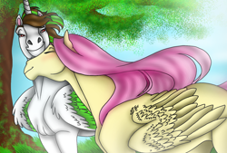 Size: 1596x1080 | Tagged: safe, artist:jvartes6112, fluttershy, oc, oc:jv6112, alicorn, pegasus, pony, g4, alicorn oc, blushing, canon x oc, eyes closed, female, hoers, horn, male, mare, neck nuzzle, nuzzling, outdoors, shipping, smiling, stallion, straight, tree, two toned wings, wings