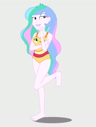 Size: 2112x2816 | Tagged: safe, artist:draymanor57, princess celestia, sunset shimmer, equestria girls, g4, barefoot, clothes, clothing transformation, feet, high res, inanimate tf, one eye closed, sleeveless, swimsuit, transformation