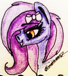 Size: 1982x2210 | Tagged: safe, artist:beamybutt, oc, oc only, earth pony, pony, bow, bust, earth pony oc, eyelashes, female, grin, hair bow, mare, signature, smiling, solo, traditional art