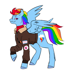 Size: 1280x1280 | Tagged: safe, artist:spartalabouche, rainbow dash, pegasus, pony, g4, the last problem, alternate design, alternate hairstyle, bomber jacket, clothes, damaged wing, eyebrows, female, jacket, mare, older, older rainbow dash, patch, pride, pride flag, raised hoof, redesign, scuff mark, shorn fetlocks, shorter hair, simple background, solo, spread wings, standing, trans rainbow dash, transgender, transgender pride flag, white background, wings