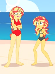 Size: 2112x2816 | Tagged: safe, artist:draymanor57, sunset shimmer, oc, oc:sunrise shimmer, equestria girls, g4, beach, beach shorts swimsuit, clothes, duo, duo female, fanfic art, female, high res, mother and child, mother and daughter, one-piece swimsuit, sleeveless, sunset shimmer swimsuit, sunset shimmer's beach shorts swimsuit, swimsuit