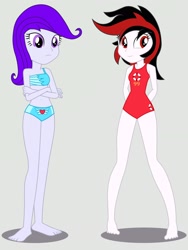 Size: 2112x2816 | Tagged: safe, artist:draymanor57, oc, oc:blackjack, oc:morning glory (project horizons), fallout equestria, fallout equestria: project horizons, equestria girls, g4, bare shoulders, barefoot, bikini, clothes, equestria girls-ified, fanfic art, feet, high res, midriff, one-piece swimsuit, sleeveless, swimsuit