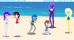 Size: 2816x1529 | Tagged: safe, artist:draymanor57, oc, oc:blackjack, oc:homage, oc:lacunae, oc:littlepip, oc:morning glory (project horizons), oc:psychoshy, fallout equestria, fallout equestria: project horizons, equestria girls, g4, bare shoulders, barefoot, beach, behind you, clothes, equestria girls-ified, fanfic art, feet, female, one-piece swimsuit, sleeveless, swimsuit, this will end in cuddles