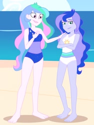 Size: 2112x2816 | Tagged: safe, artist:draymanor57, princess celestia, princess luna, principal celestia, vice principal luna, equestria girls, g4, bare shoulders, barefoot, beach, clothes, clothes swap, feet, female, high res, one-piece swimsuit, royal sisters, siblings, sisters, sleeveless, swimsuit